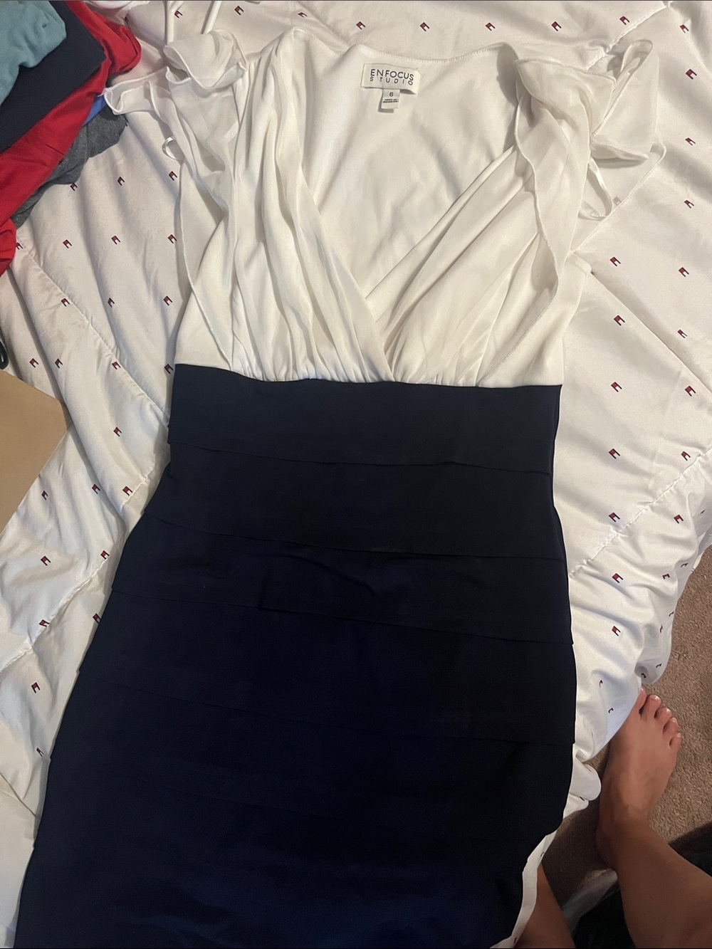 Enfocus Studio White & Navy V-Neck Wrap Sheath Dress